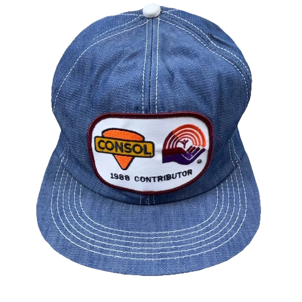 Vintage Consol Hat Cap Trucker Denim Snap Back USA Patch Coal Mining 80s Jean FF